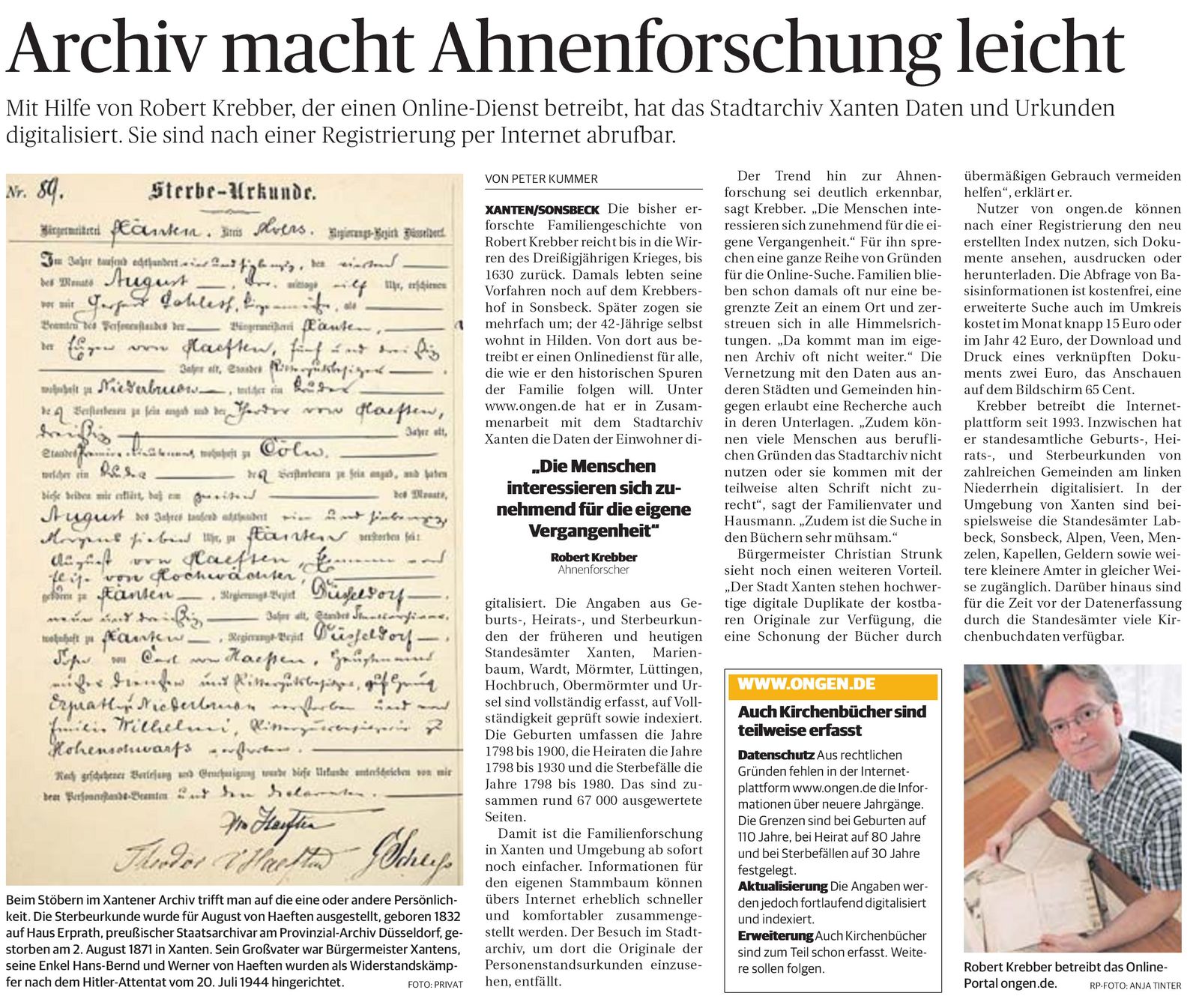 Rheinische Post vom 2. Februar 2013 Bote  für Stadt und Land & Leute ´Archiv macht Ahnenforschung leicht´ von Peter Kummer